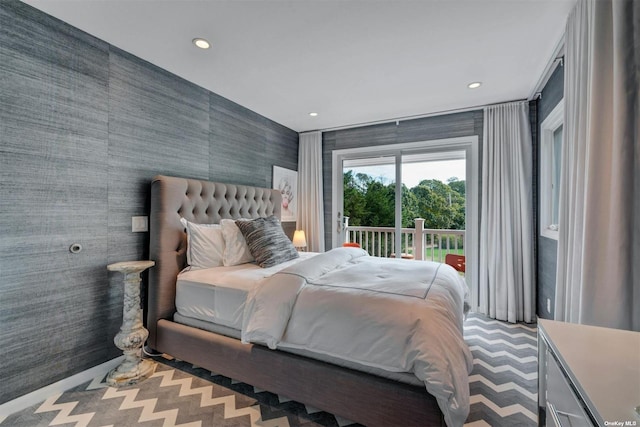 33 Old Canoe Place Rd, Hampton Bays, NY 11946 - bedroom with carpet flooring, wallpapered walls, access to exterior, and recessed lighting