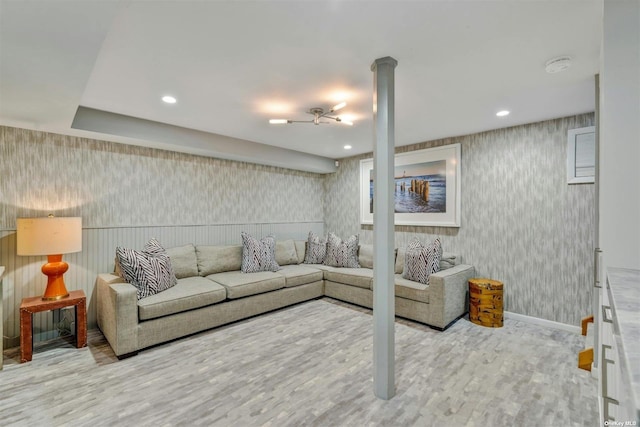 33 Old Canoe Place Rd, Hampton Bays, NY 11946 - living area featuring wallpapered walls, recessed lighting, baseboards, and wood finished floors
