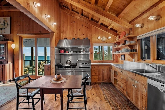1635 Isabella Beach Rd, Fishers Island, NY 06390 - kitchen featuring stainless steel appliances, wooden ceiling, wood walls, a sink, and light wood-style floors