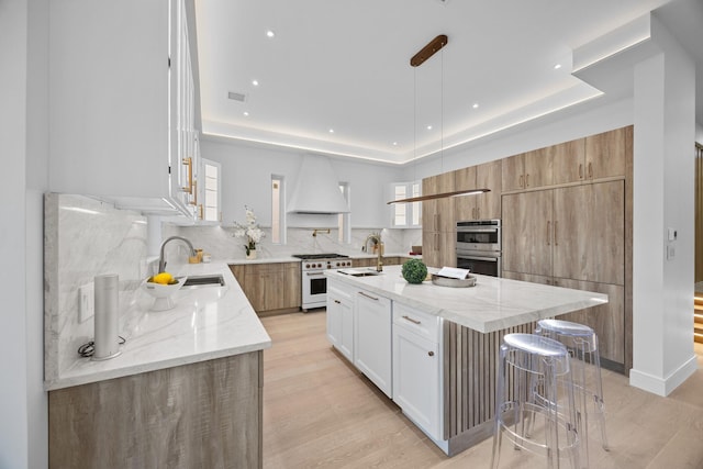 kitchen with high end white range oven, a sink, premium range hood, and a raised ceiling