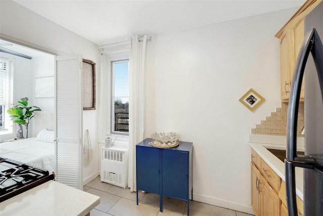 100 Dehaven Dr Unit 612, Yonkers, NY 10703 - kitchen featuring radiator, light brown cabinets, freestanding refrigerator, and plenty of natural light