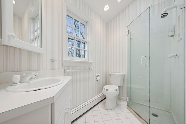 22 Druid Hill Rd, Port Jefferson, NY 11777 - bathroom with wallpapered walls, a baseboard radiator, toilet, tile patterned flooring, and a shower stall