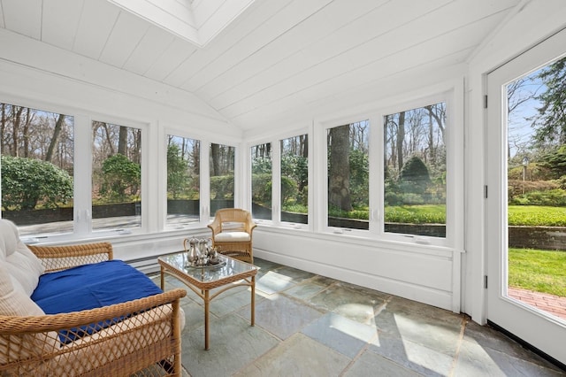 22 Druid Hill Rd, Port Jefferson, NY 11777 - sunroom / solarium with stone tile flooring, healthy amount of natural light, vaulted ceiling, and a skylight