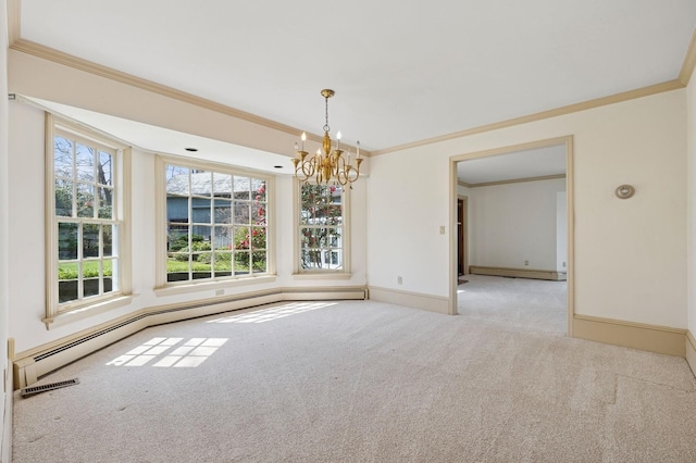 22 Druid Hill Rd, Port Jefferson, NY 11777 - unfurnished room with carpet, a baseboard heating unit, a chandelier, crown molding, and baseboards