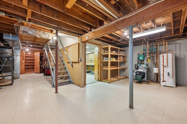 22 Druid Hill Rd, Port Jefferson, NY 11777 - unfinished below grade area featuring water heater, a heating unit, stairs, tile patterned floors, and heating unit