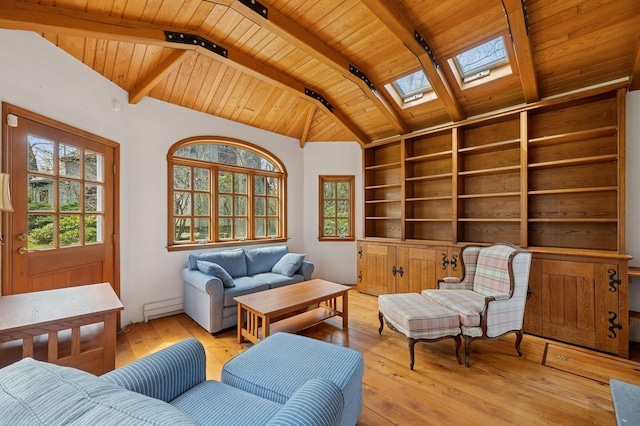 22 Druid Hill Rd, Port Jefferson, NY 11777 - sitting room featuring light wood finished floors, a skylight, wooden ceiling, built in features, and a baseboard radiator