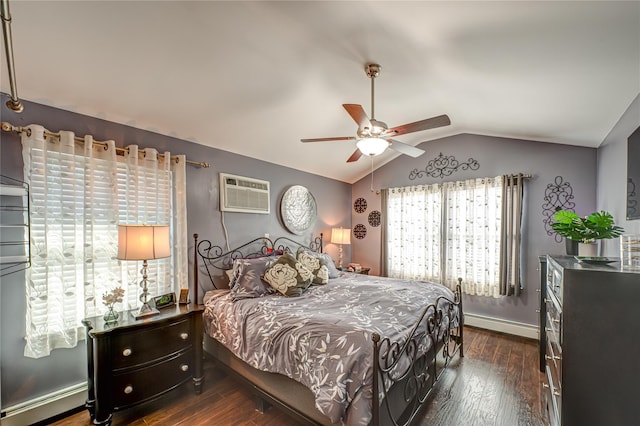 2892 Wilson Ave, Bellmore, NY 11710 - bedroom with a baseboard radiator, vaulted ceiling, wood finished floors, and an AC wall unit