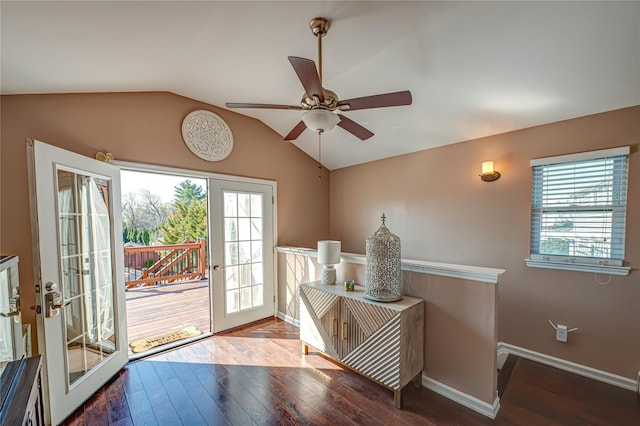 2892 Wilson Ave, Bellmore, NY 11710 - doorway to outside with baseboards, lofted ceiling, a ceiling fan, and wood-type flooring