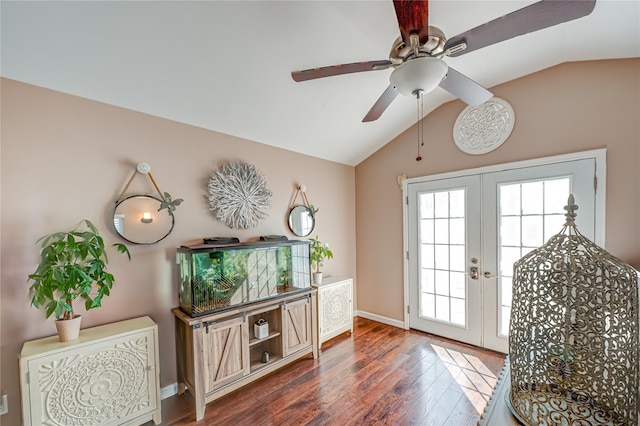 2892 Wilson Ave, Bellmore, NY 11710 - doorway featuring lofted ceiling, french doors, dark wood-style flooring, baseboards, and ceiling fan