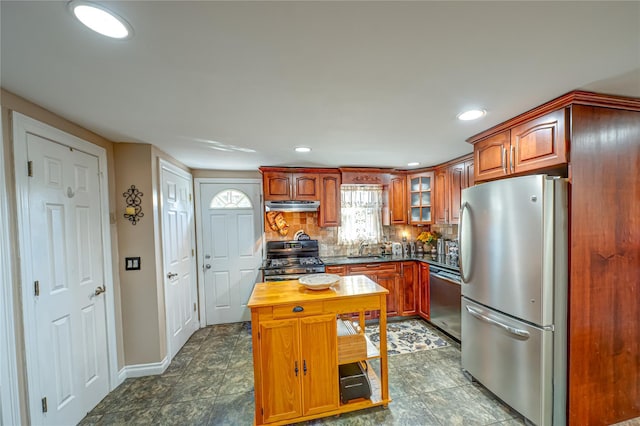 2892 Wilson Ave, Bellmore, NY 11710 - kitchen featuring a sink, tasteful backsplash, glass insert cabinets, under cabinet range hood, and stainless steel appliances