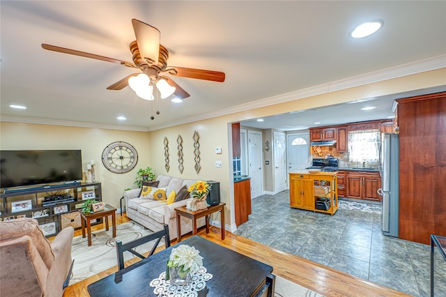 2892 Wilson Ave, Bellmore, NY 11710 - living area featuring baseboards, ornamental molding, recessed lighting, a ceiling fan, and dark wood-type flooring