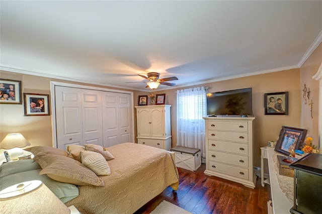 2892 Wilson Ave, Bellmore, NY 11710 - bedroom featuring a closet, dark wood-style flooring, ceiling fan, and crown molding