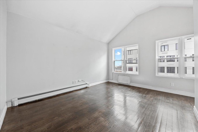 empty room featuring baseboards, high vaulted ceiling, wood finished floors, and a baseboard heating unit