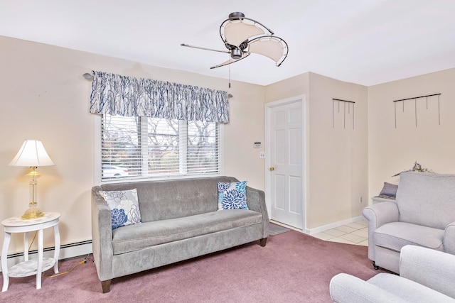 tiled living area with carpet, baseboards, and a baseboard heating unit