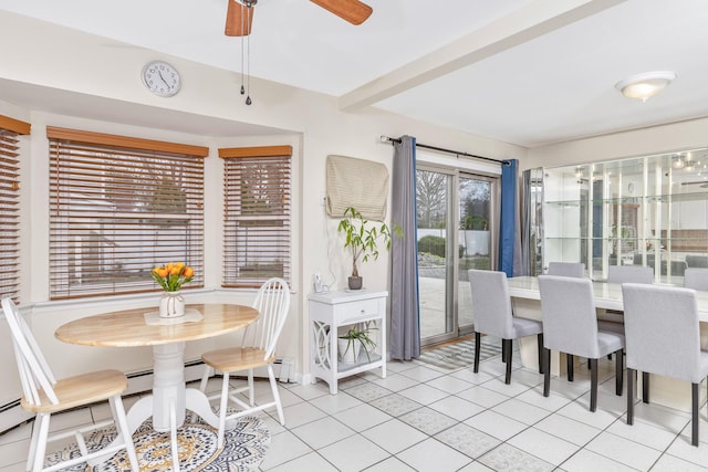 dining area featuring tile patterned flooring and a ceiling fan