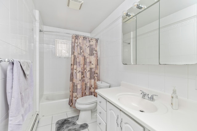 full bathroom featuring shower / bathtub combination with curtain, tile walls, toilet, tile patterned floors, and visible vents