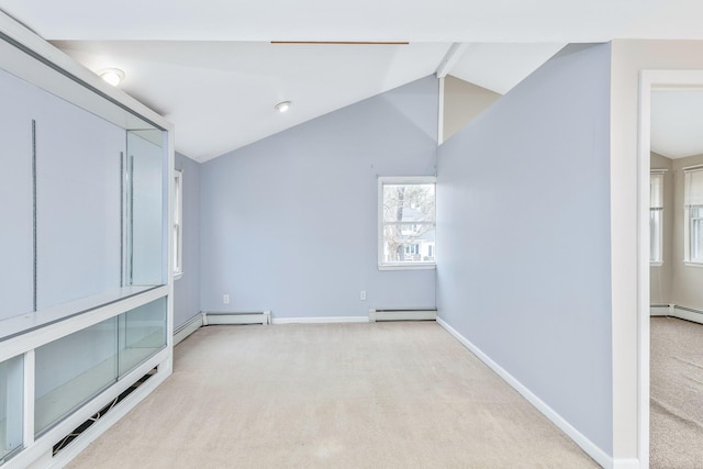 unfurnished bedroom with light colored carpet, lofted ceiling with beams, baseboards, and a baseboard heating unit