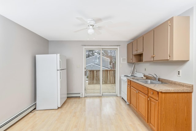kitchen featuring a sink, a baseboard heating unit, light wood-style floors, and white appliances
