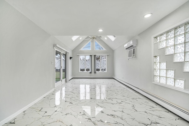 173 Bloomingdale Rd, Levittown, NY 11756 - spare room with baseboards, a ceiling fan, a wall mounted AC, baseboard heating, and lofted ceiling with skylight