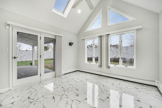 173 Bloomingdale Rd, Levittown, NY 11756 - unfurnished sunroom with french doors, a baseboard radiator, and a skylight