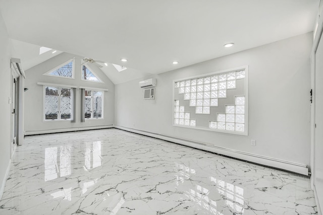 173 Bloomingdale Rd, Levittown, NY 11756 - unfurnished living room featuring lofted ceiling with skylight, marble finish floor, an AC wall unit, and recessed lighting