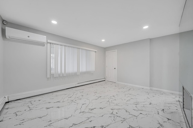 173 Bloomingdale Rd, Levittown, NY 11756 - spare room with baseboards, a wall mounted air conditioner, a baseboard radiator, recessed lighting, and marble finish floor