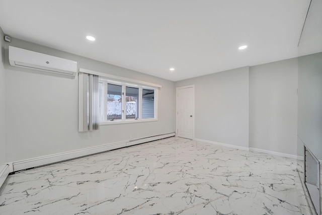 173 Bloomingdale Rd, Levittown, NY 11756 - unfurnished room featuring baseboards, a wall mounted air conditioner, a baseboard radiator, recessed lighting, and marble finish floor