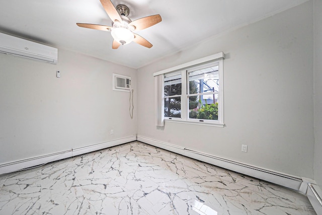 173 Bloomingdale Rd, Levittown, NY 11756 - empty room featuring baseboards, an AC wall unit, a ceiling fan, marble finish floor, and a wall unit AC