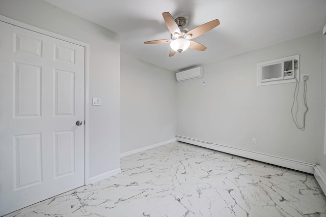 173 Bloomingdale Rd, Levittown, NY 11756 - spare room featuring ceiling fan, a wall mounted AC, baseboard heating, marble finish floor, and a wall unit AC