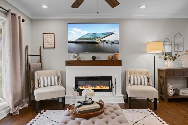 living area featuring a ceiling fan, a glass covered fireplace, wood finished floors, and recessed lighting