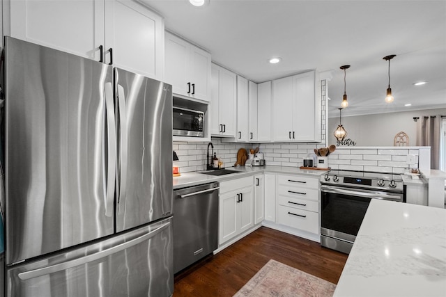 kitchen featuring dark wood finished floors, tasteful backsplash, stainless steel appliances, and a sink