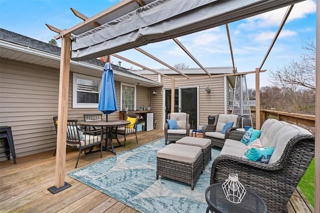 wooden terrace with outdoor dining area and an outdoor living space