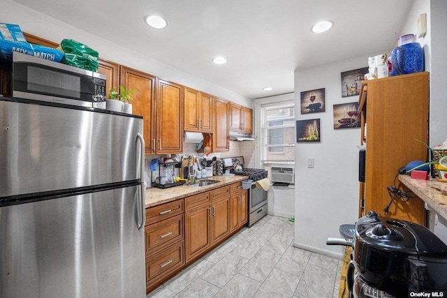 147-16 20th Ave, Whitestone, NY 11357 - kitchen featuring marble finish floor, under cabinet range hood, brown cabinets, and stainless steel appliances