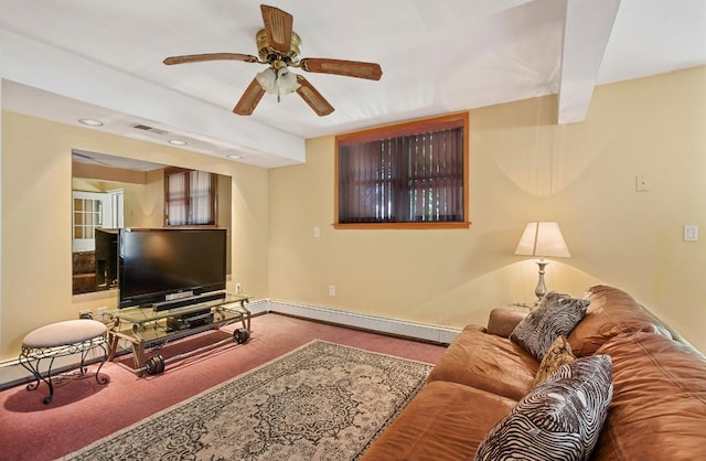 carpeted living area featuring recessed lighting, visible vents, a ceiling fan, baseboards, and a baseboard radiator