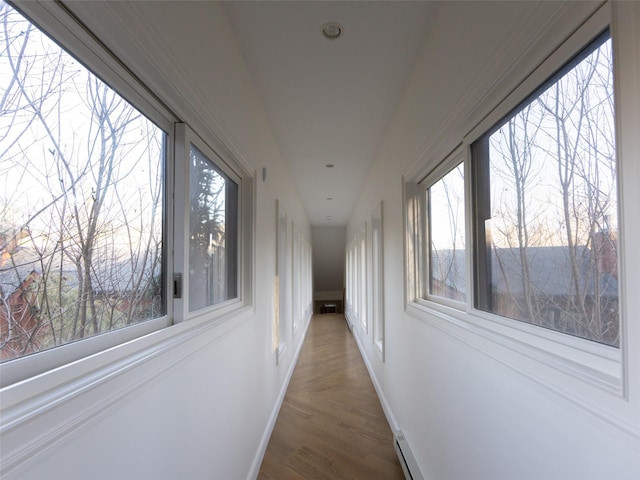 hall with baseboards and wood finished floors