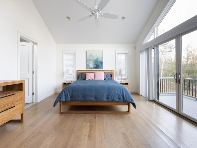 bedroom featuring light wood-style flooring, access to outside, high vaulted ceiling, and baseboards