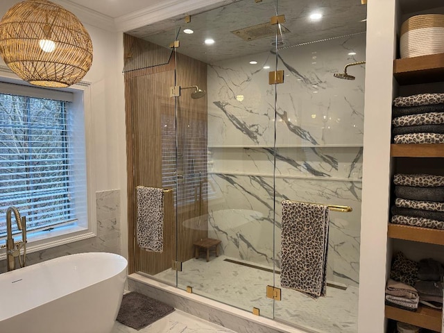 full bath with crown molding, recessed lighting, marble finish floor, a freestanding bath, and a marble finish shower