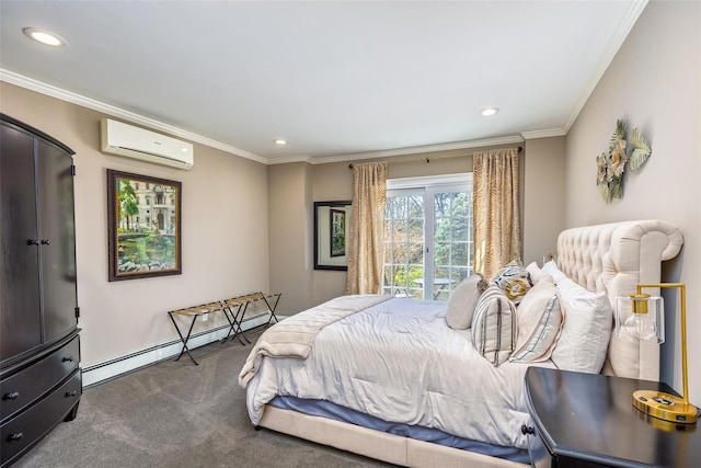 bedroom featuring recessed lighting, a baseboard heating unit, an AC wall unit, and carpet floors
