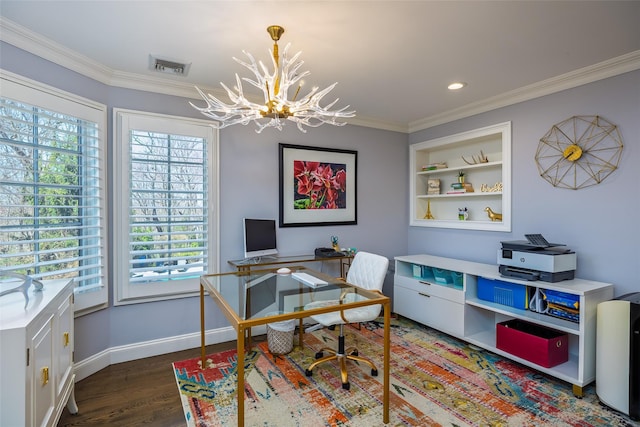office featuring crown molding, a wealth of natural light, and a notable chandelier