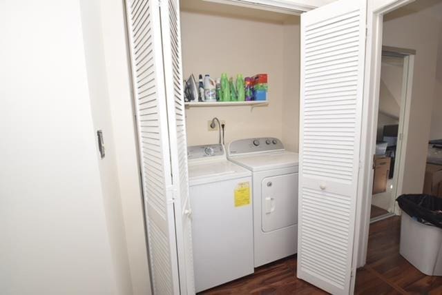10 Windsor Ct, Amityville, NY 11701 - clothes washing area featuring dark wood-style floors, laundry area, and washer and dryer