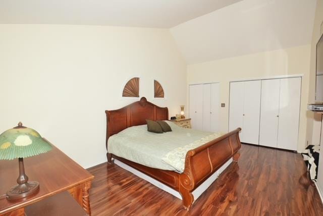 10 Windsor Ct, Amityville, NY 11701 - bedroom with dark wood finished floors, lofted ceiling, and two closets