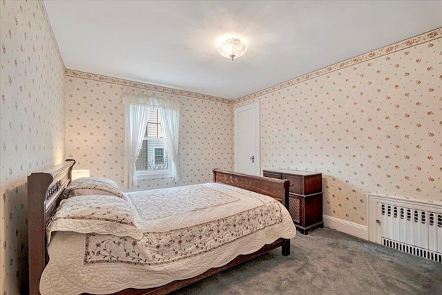 bedroom featuring radiator, carpet flooring, and wallpapered walls