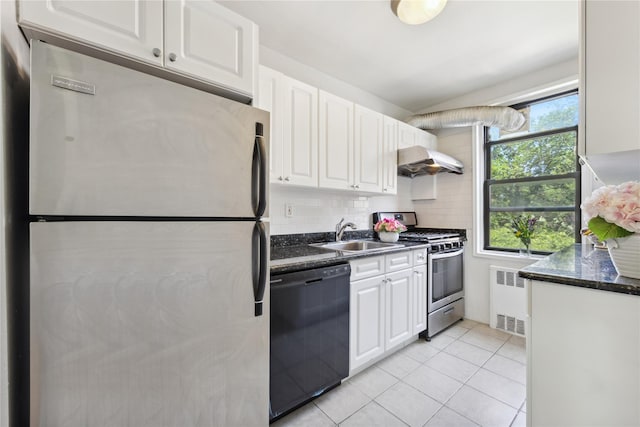 150-10 71st Ave Unit 3L, Flushing, NY 11367 - kitchen with stainless steel appliances, a sink, radiator, under cabinet range hood, and white cabinets
