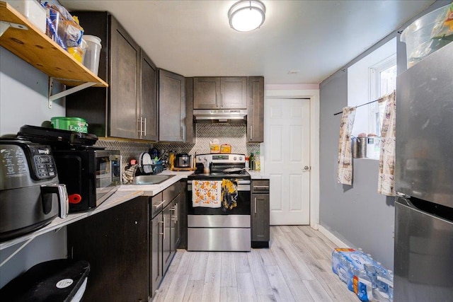 6 Farrington St, Newburgh, NY 12550 - kitchen with light countertops, under cabinet range hood, a sink, open shelves, and stainless steel electric stove