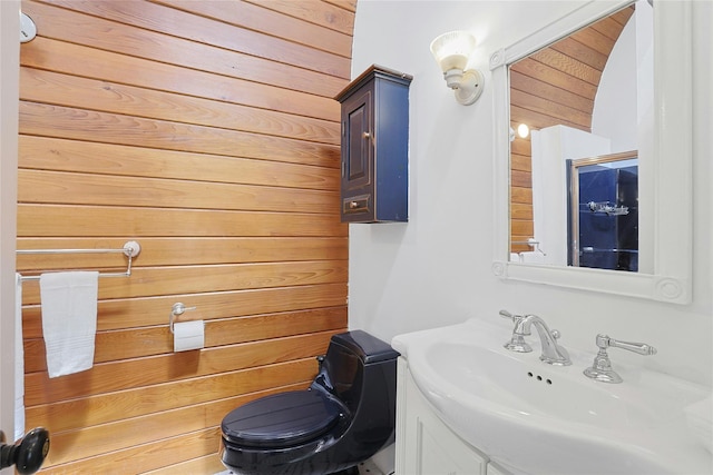 bathroom featuring toilet, wood walls, and vanity