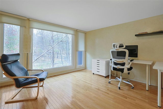 home office featuring baseboards, a wealth of natural light, and hardwood / wood-style flooring