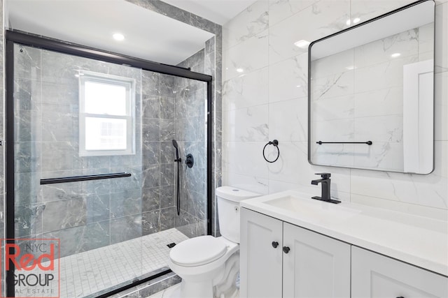 82 Albertson Pl, Mineola, NY 11501 - bathroom with vanity, toilet, tile walls, backsplash, and a stall shower