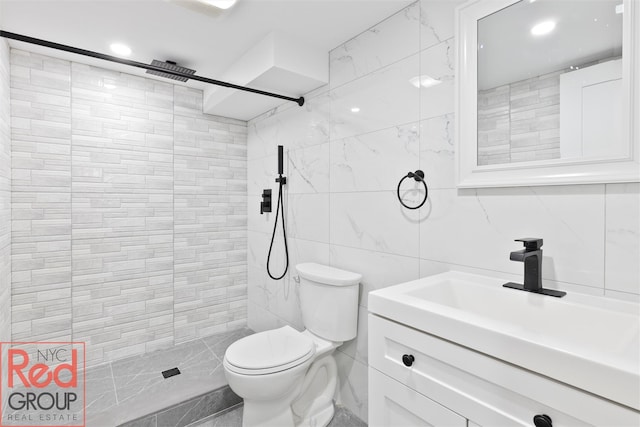 82 Albertson Pl, Mineola, NY 11501 - full bathroom with tile walls, a tile shower, vanity, toilet, and recessed lighting