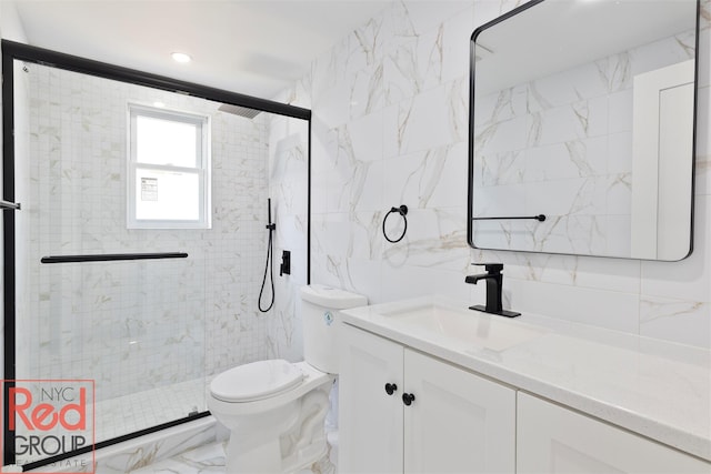 82 Albertson Pl, Mineola, NY 11501 - full bath with vanity, marble finish floor, toilet, tile walls, and a stall shower