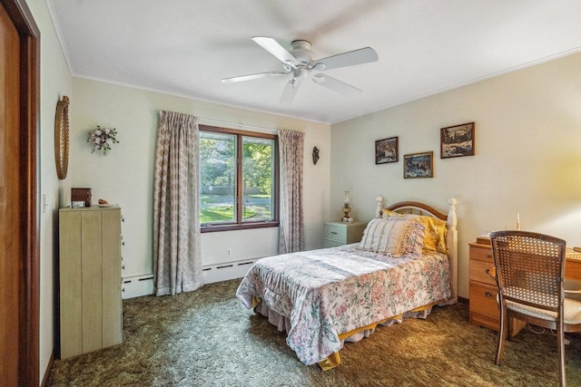59 Giant Oak Rd, Ridge, NY 11961 - bedroom with carpet flooring, ceiling fan, ornamental molding, and a baseboard radiator